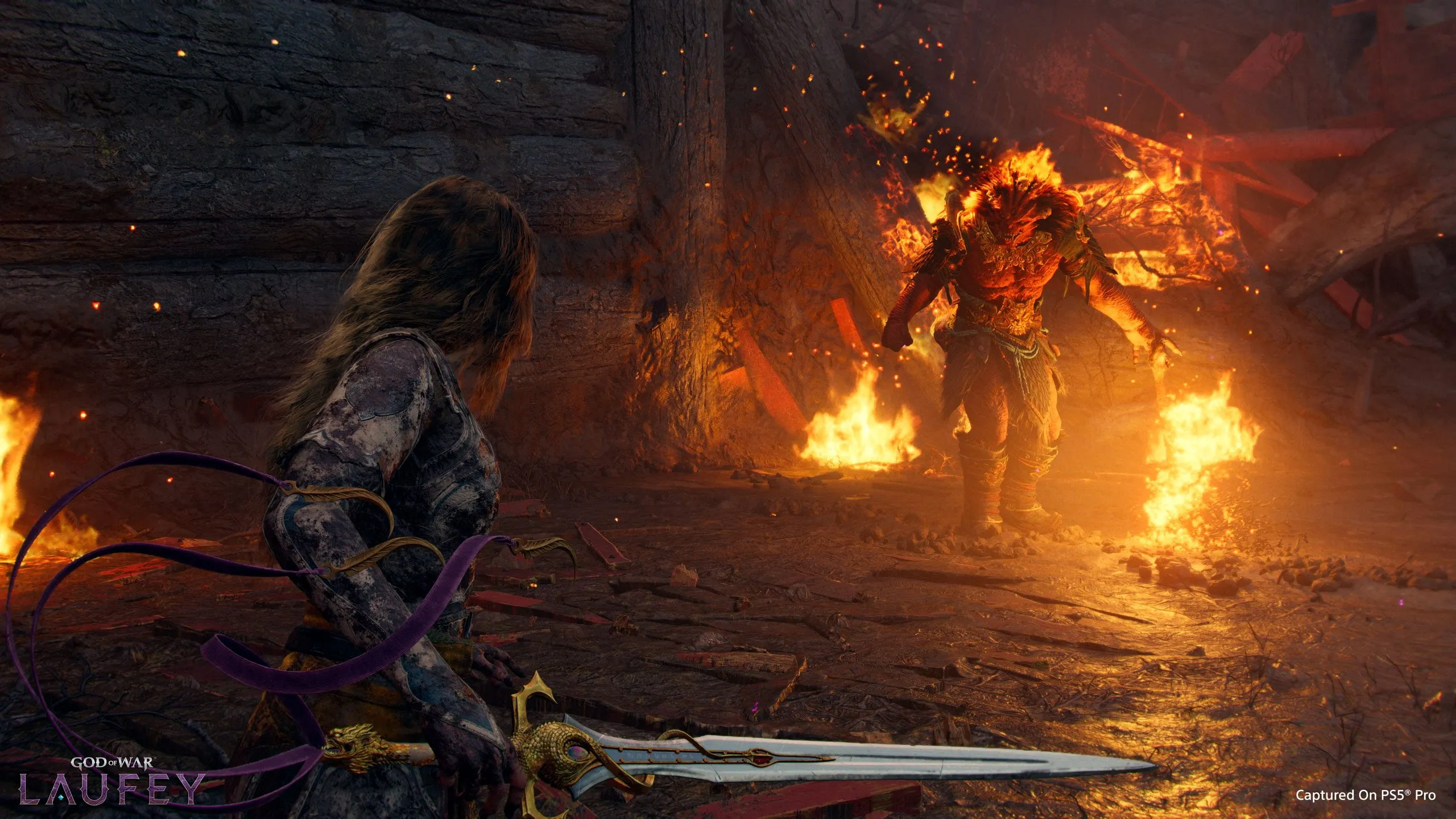 Faye wielding the Rue sword with enchanted ribbons trailing, facing a fiery foe (official PS Blog screenshot)